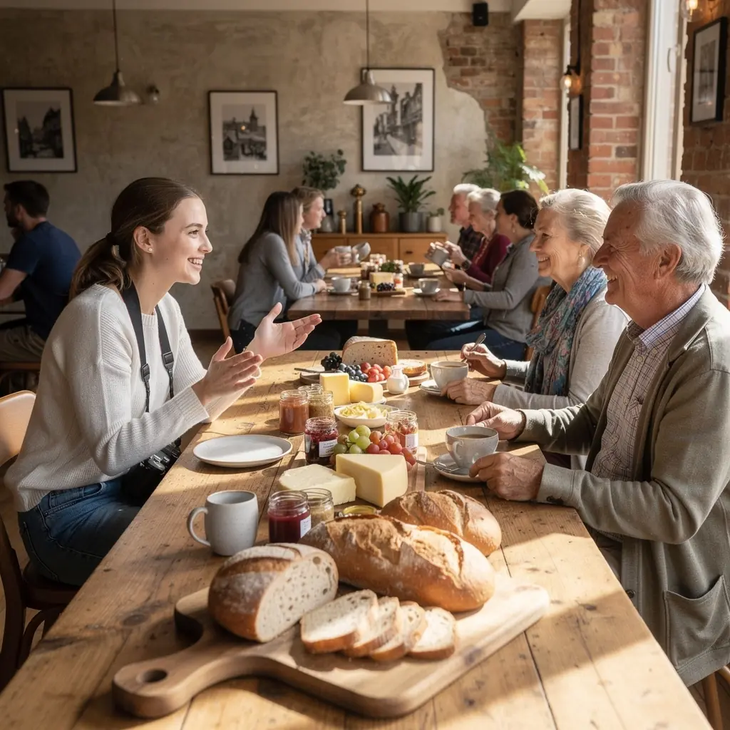 A cozy café in Tallinn filled with patrons enjoying coffee and pastries while discussing their travel plans.